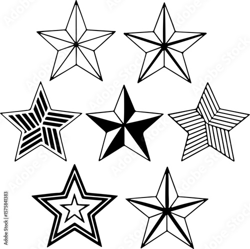 Image is a digital illustration featuring a grid layout of nine black and white star designs, arranged in three rows and three columns against a plain white background. Each star has a unique geometri