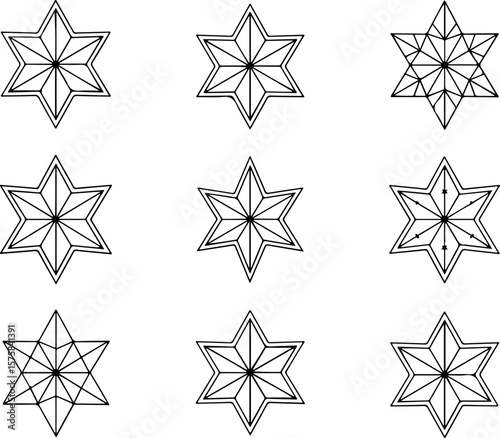 Image is a digital illustration featuring a grid layout of nine black and white star designs, arranged in three rows and three columns against a plain white background. Each star has a unique geometri