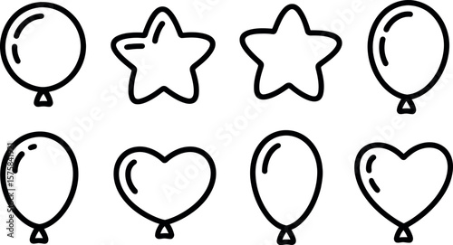 Hand-drawn cartoon balloon icons: hearts, stars, circles; playful, celebratory style.