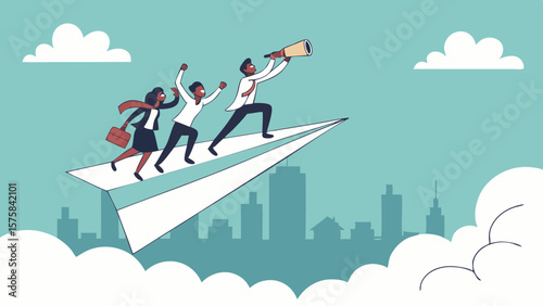 Vector businesspeople are flying paper airplane, celebrating success and exploring new