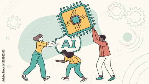 Vector collaboratively lift large microchip symbolizing AI technology