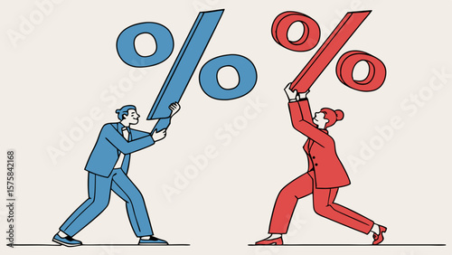 Vector large percentage symbols, one blue suit and one red suit, representing