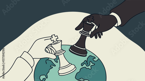 Vector representing opposing sides place chess pieces globe, symbolizing strategy
