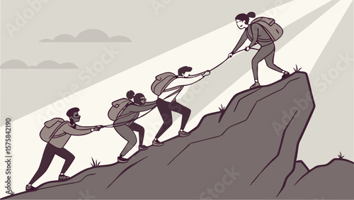 Vector Helping each other ascend mountain symbolizes teamwork and support in achieving goals
