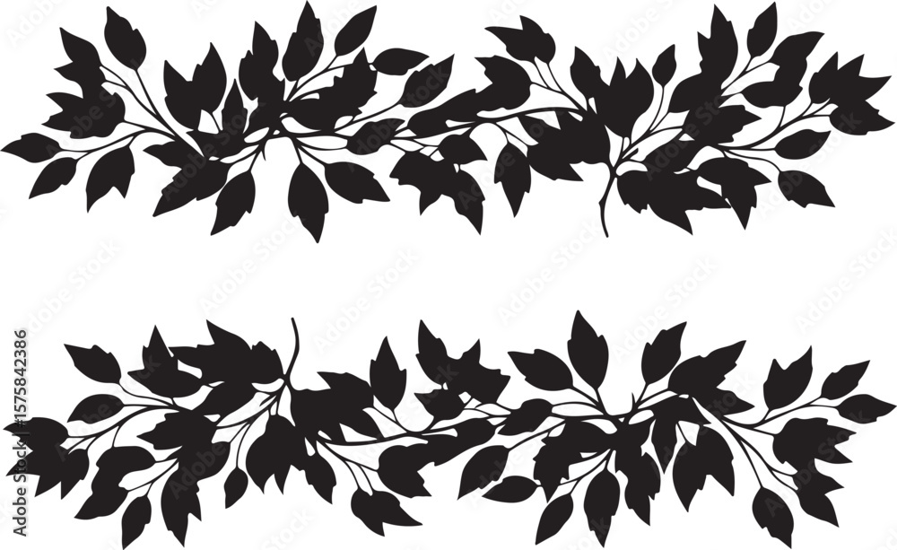 Vector art of two decorative leafy branches form horizontal borders isolated on transparent background
