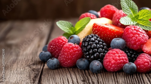 Wallpaper Mural Vibrant Pile of Fresh Berries and Grass on Rustic Wooden Table Surface Torontodigital.ca