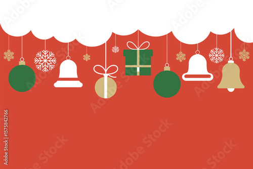 Festive Christmas ornaments and decorations hanging against a red background, creating a cheerful holiday illustration.