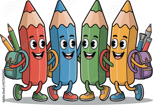 Cartoon pencils walking with backpacks in a row red blue green and yellow color illustration style