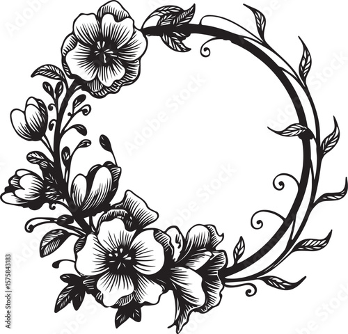 Vector art of elegant floral wreath frame with delicate blossoms and leaves isolated on transparent background