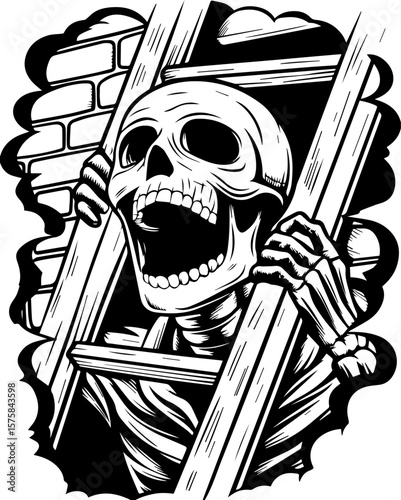 SVG of an aggressive skull and skeleton design, perfect for bold tattoos. Skeleton Breaking Free from Prison Bars in Monochrome Art Style