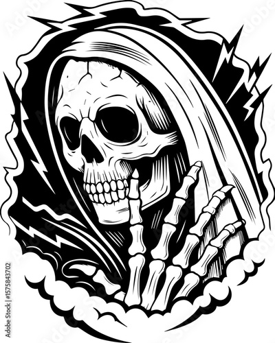 SVG of an aggressive skull and skeleton design, perfect for bold tattoos. Grim Reaper Skull with Cloak and Lightning Bolts in Black and White