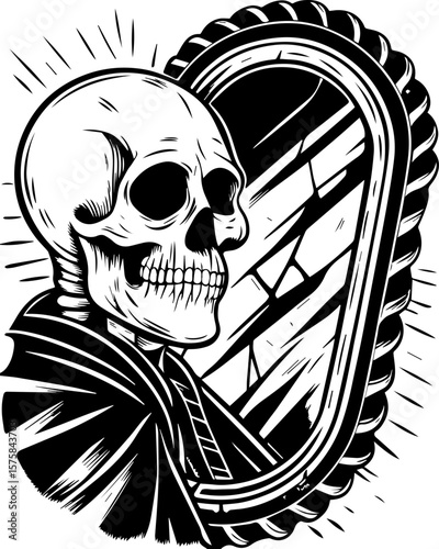 SVG of an aggressive skull and skeleton design, perfect for bold tattoos. Skull Reflection in Vintage Mirror Artwork Black and White Style
