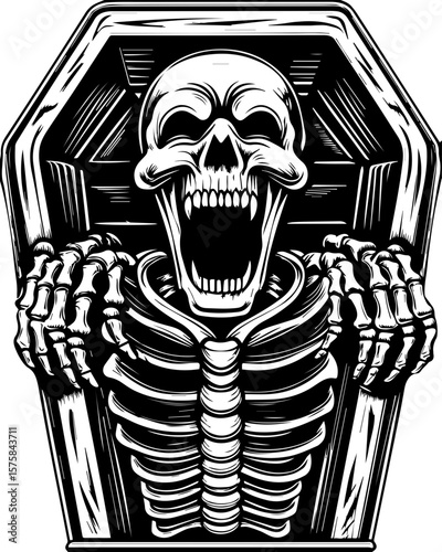 SVG of an aggressive skull and skeleton design, perfect for bold tattoos. Skeleton Emerging from Coffin in Monochrome Illustration Style