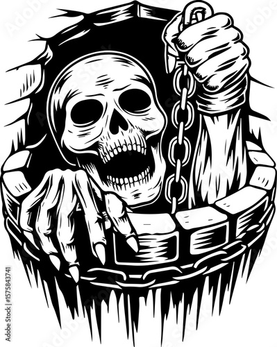 SVG of an aggressive skull and skeleton design, perfect for bold tattoos. Sinister Skull Breaking Through a Wall with Chains and Shadows