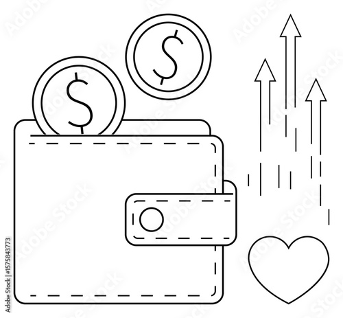 Wallet with coins and upward arrows symbolizing financial prosperity and growth, alongside a heart representing personal happiness. Ideal for finance, charity, savings, investment, income, economic