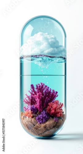 The glass capsule contains puffy cloud, light blue water. the corals and anemone placed on sandy bottom.