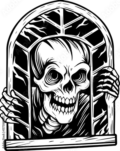 SVG of an aggressive skull and skeleton design, perfect for bold tattoos. Creepy Skeleton Peering Through a Gothic Window Illustration