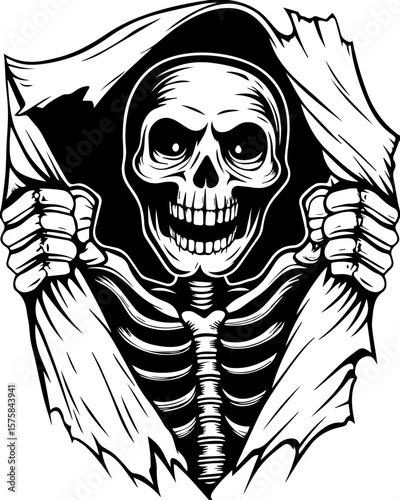 SVG of an aggressive skull and skeleton design, perfect for bold tattoos. Skeleton Breaking Through Wall with Grinning Face and Bared Teeth