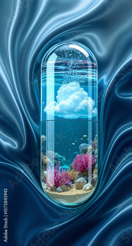 The glass capsule contains puffy cloud, light blue water. the corals and anemone placed on sandy bottom.