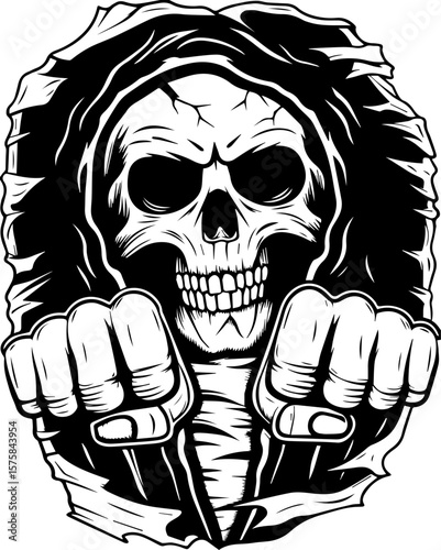 SVG of an aggressive skull and skeleton design, perfect for bold tattoos. Grim Reaper with Fists Clenched Emerging from Darkness Artwork