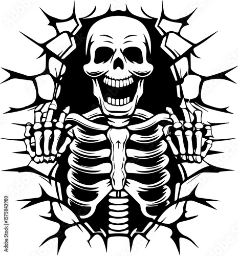 SVG of an aggressive skull and skeleton design, perfect for bold tattoos. Skeleton Breaking Through Wall with Gesture of Defiance