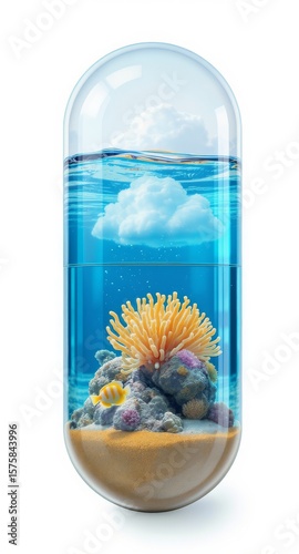 The glass capsule contains puffy cloud, light blue water. the corals and anemone placed on sandy bottom.