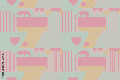 Pastel color seamless pattern background showcasing heart shapes and geometric elements for modern decorative designs.