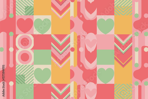 Retro aesthetic seamless pattern featuring hearts, chevron patterns, and circular designs for vintage-inspired backgrounds.