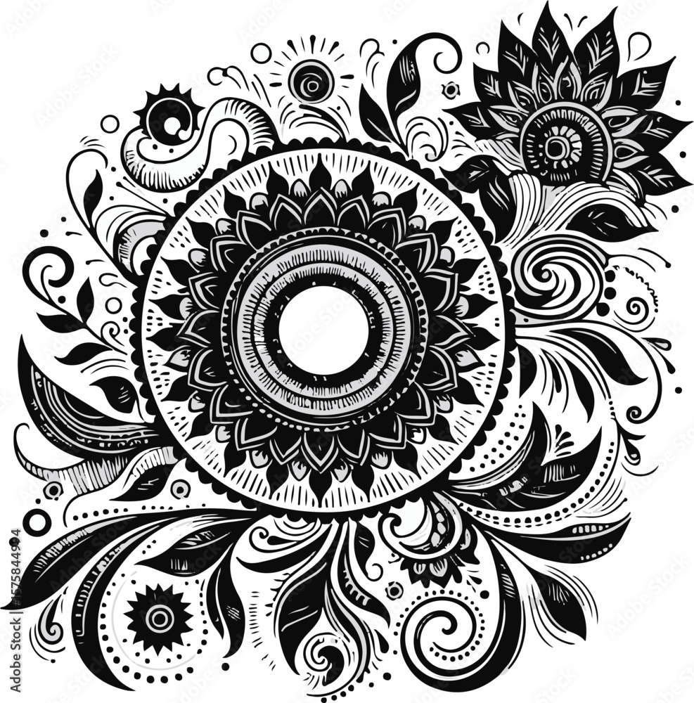 Vector art of intricate mandala pattern with floral and paisley elements isolated on transparent background