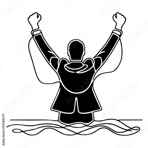 Conceptual graphic displays a man emerging from water with raised arms, symbolizing success, freedom, or overcoming challenges in a minimal line style.