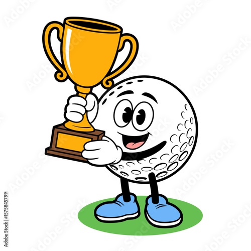 Cute Golf Ball Character Holding Trophy Cartoon Illustration