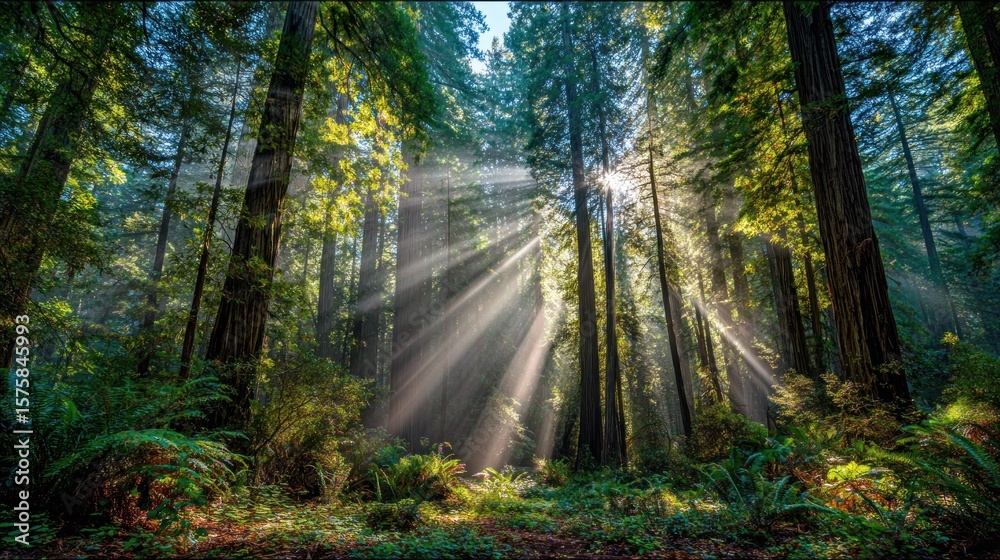 Obraz premium Sunlight filtering through redwood forest
