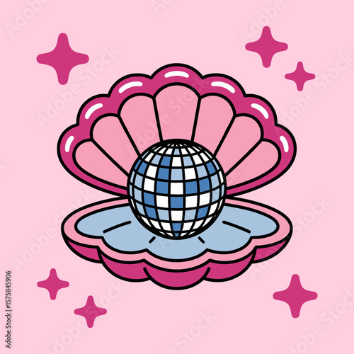 Disco Ball in Pink Shell Cartoon Illustration