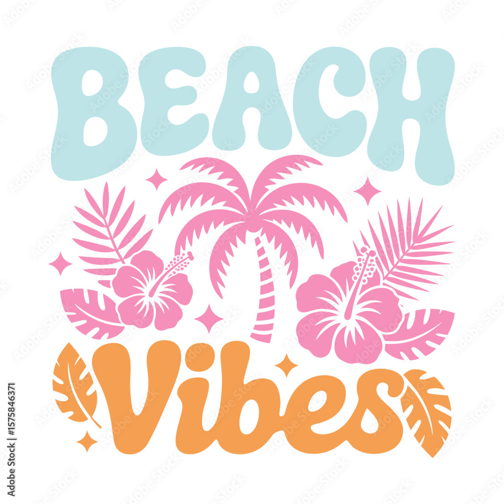 Fototapeta premium Beach Vibes Tropical Retro Summer Typography Illustration
