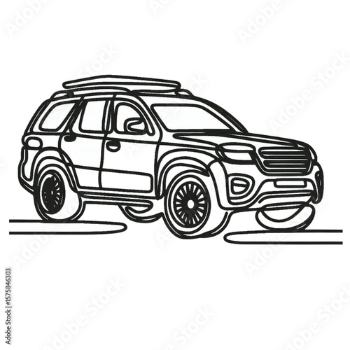 An off-road vehicle with a roof rack, sketched with a single continuous line, ideal for automotive designs or transportation concepts.