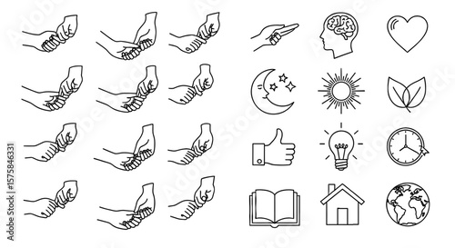 Doodle-style icons represent collaboration and well-being. Simple line drawings depict human connections and growth symbols.