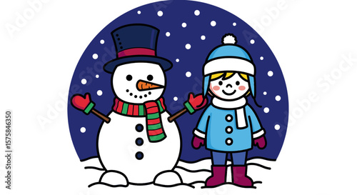 Child builds a snowman in winter scene. Holiday, winter, happy, fun, kids enjoy outdoor snow day.