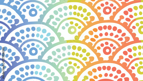 Colorful semicircles with dot patterns arranged in overlapping rows on a white background design
