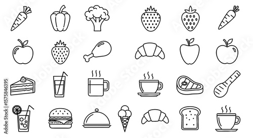 Line art food icons depicting common food and drink items. Restaurant menu symbols, dining, cuisine, nutrition, meals, eating