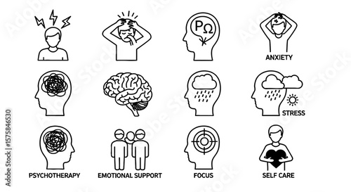 Mental health and wellness icons display common struggles. Represents issues with stress, anxiety, psychotherapy, emotional support, focus, and self-care.