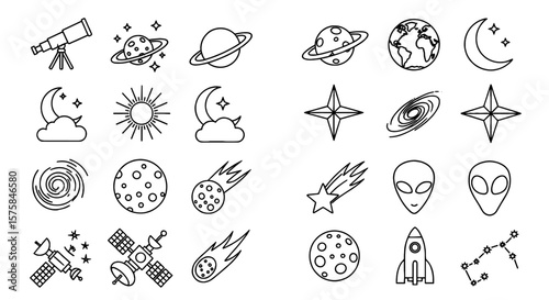 Space icons featuring planets, stars, and aliens. Astronomy, exploration, science, and space objects in outline style for design projects.