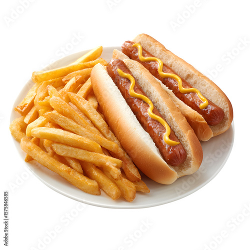 Two delicious hot dogs with mustard and french fries on a white plate.