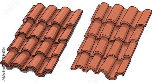 Two sets of terracotta roof tiles. Architectural design, construction, roofing material, home improvement