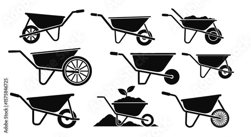 Collection of wheelbarrows in various shapes and styles. Gardening equipment, farming tools, manual labor, construction supplies.