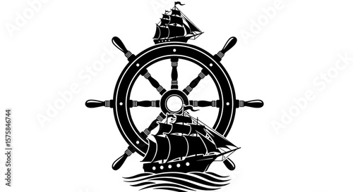Ship wheel with sailing vessels, vintage emblem. Nautical, maritime, ocean, transportation, history, exploration