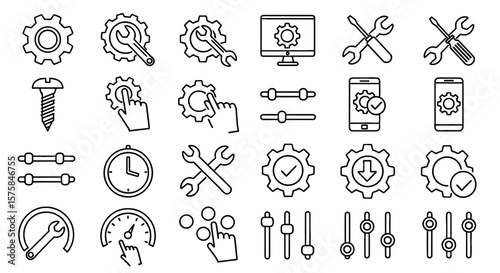 Set of line art icons depicts settings and adjustment tools. Control panel, settings, preferences, repair tools, customization.
