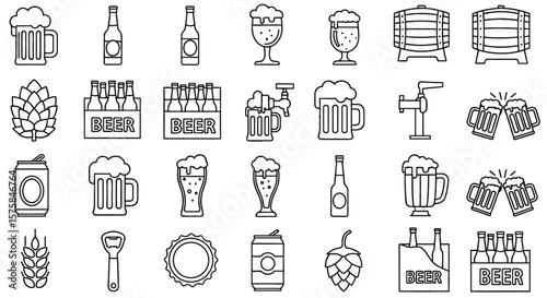 Collection of beer line icons, beer, beer related vector illustration in outline design. Alcohol beverages, brewery, bar