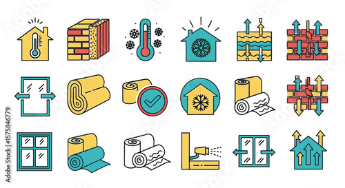 Set of vector icons about house insulation and energy efficiency. Home heating, thermal efficiency, home comfort, insulation, window, energy loss.