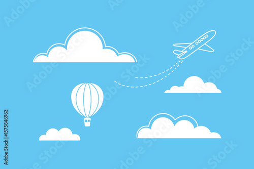 Airplane and hot air balloon soars among fluffy clouds in a bright blue sky offering a sense of adventure