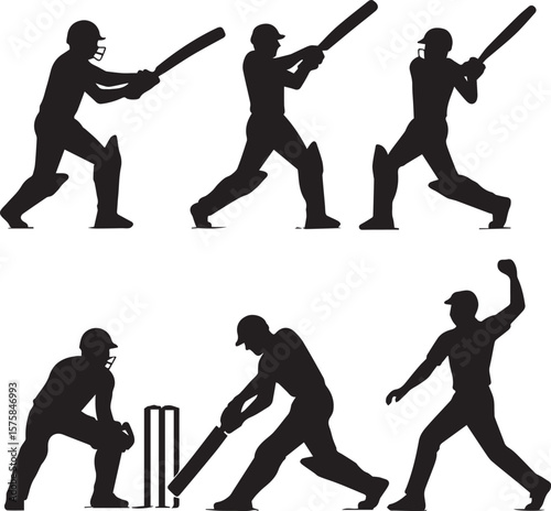 Silhouettes of cricket players in various poses batting catching and wicket keeping on a light background